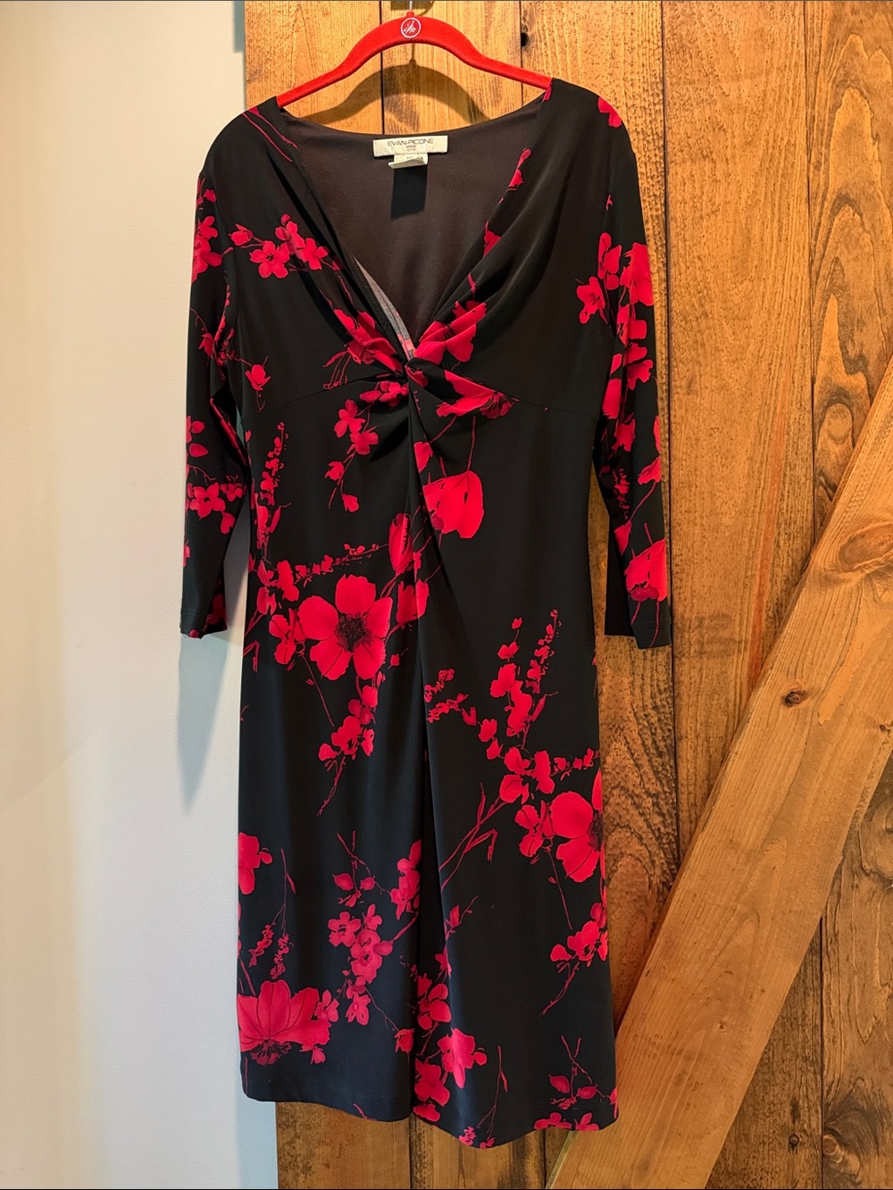 Evan Picone Black Long-Sleeve Twist Front Dress with Red Floral Print